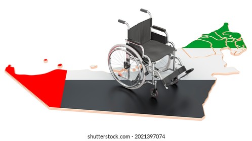 Wheelchair with the United Arab Emirates flag. Disability in the UAE concept, 3D rendering isolated on white background