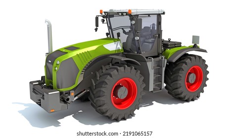 Wheeled Tractor Farm Equipment 3D Rendering On White Background