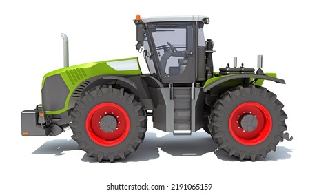 Wheeled Tractor Farm Equipment 3D Rendering On White Background