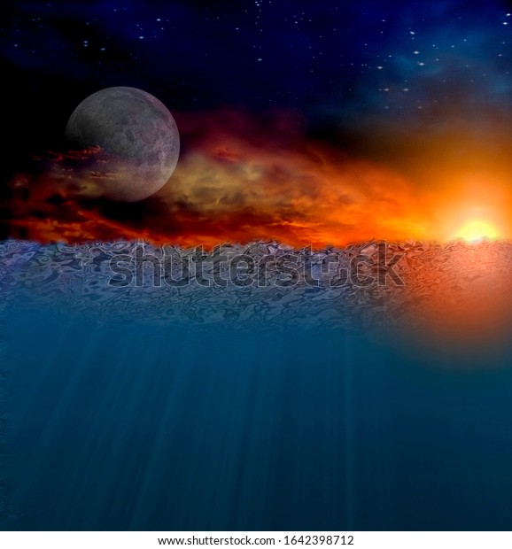When the skies fall down. Red sunset and\
giant moon. Under water view. 3D\
rendering