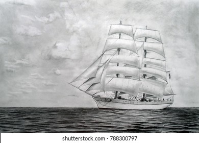 Whie Sailing Ship Drawing Sailboat Floating Stock Illustration ...