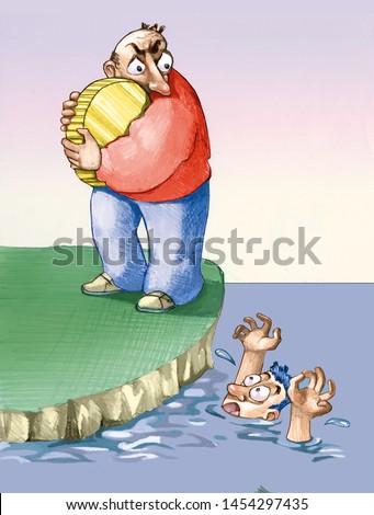 while a man drowns another instead of saving him remains embraced to his great currency metaphor of the fear that the average man has of immigration afraid of losing his possessions political cartoon