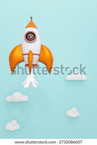 A whimsical 3D render of a retro-style rocket with orange fins and white smoke trails ascending past stylized clouds against a pastel blue background