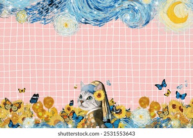 Whimsical background with a pink grid background, featuring blue swirls and butterflies, creating a playful and artistic texture. Mixed media vintage artwork background. Sunflower border background. - Powered by Shutterstock