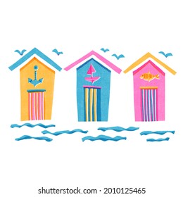 Whimsical Beach Hut Riso Print Design Element. Colorful Cute Screen Print Effect. Playful Summer Uk Seaside Staycation Illustration.  High Resolution British Travel Art Icon Motif Isolated On White.
