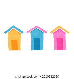 Whimsical Beach Hut Riso Print Design Element. Colorful Cute Screen Print Effect. Playful Summer Uk Seaside Staycation Illustration.  High Resolution British Travel Art Icon Motif Isolated On White.