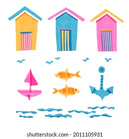 Whimsical Beach Hut Riso Print Design Element. Colorful Cute Screen Print Effect. Playful Summer Uk Seaside Staycation Illustration.  High Resolution British Travel Art Icon Motif Isolated On White.