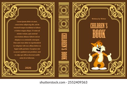 Whimsical children's book cover design showcasing a friendly cartoon cat and an elegant, ornate frame. no ai - Powered by Shutterstock