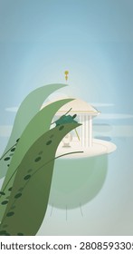 Whimsical digital illustration featuring a classical domed pavilion floating on a serene pale blue surface, partially obscured by large stylized green leaves with dark spots in the foreground, while a small teal creature perches on a leaf and a golden ornament hovers above the structure.