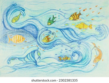Whimsical fishes in swirling