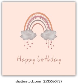 Whimsical Happy Birthday Card with Pastel Rainbow and Heart Decor in Watercolor and Vibrant Colors - Powered by Shutterstock