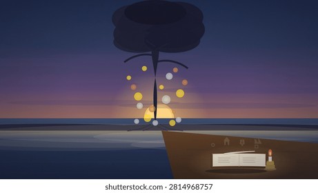 A whimsical illustration featuring a dark tree silhouette releasing glowing orbs against a twilight ocean backdrop with a cozy reading nook in the foreground.