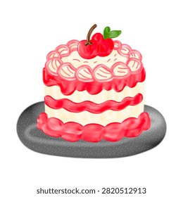 A whimsical illustration of a layered vanilla cake with pink frosting and two cherries on top, presented on a speckled plate. Ideal for dessert menus, party invites, bakery branding, and celebrations.
