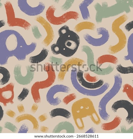 Whimsical kids pattern featuring abstract shapes and cute animal faces for playful designs