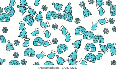 A whimsical pattern featuring Christmas trees, igloos, snowflakes, and stockings, perfect for holiday backgrounds and festive designs.