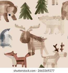 Whimsical pattern featuring a collection of stylized woodland animals and trees rendered in a textured, halftone dot art style on a soft beige background.