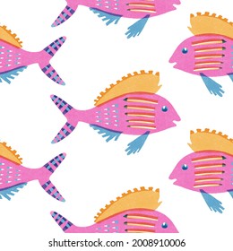 Whimsical red snapper fish riso print  seamless pattern. Colorful cute under the sea swimming reef fishes. Screen print effect. Playful summer beach illustration.High resolution isolated on white.