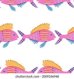 Whimsical red snapper fish riso print  seamless pattern. Colorful cute under the sea swimming reef fishes. Screen print effect. Playful summer beach illustration.High resolution isolated on white.