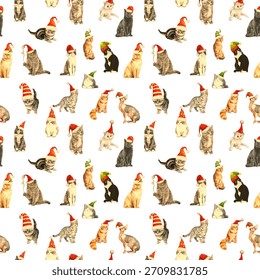 A whimsical, repeating pattern of cute cartoon cats wearing festive Santa hats, perfect for holiday designs and decorations.