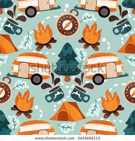 Whimsical seamless pattern with camper vans tents campfires and mugs for cute travel and outdoor themed fabric