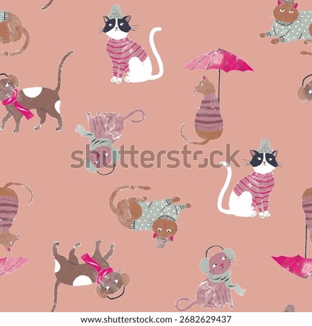 Whimsical seamless pattern of cute cats and mice wearing winter clothes on a pink background. Funny kids vector illustration.
