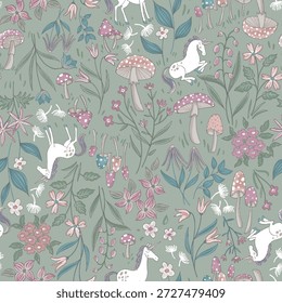 A whimsical seamless pattern featuring unicorns and magical mushrooms in a gentle pastel color scheme.