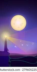 A whimsical vector illustration of a lighthouse shining its light under a giant glowing full moon in a starry purple night sky.