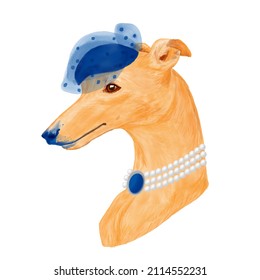 Whippet dog wearing hat and pearls watercolor clipart.