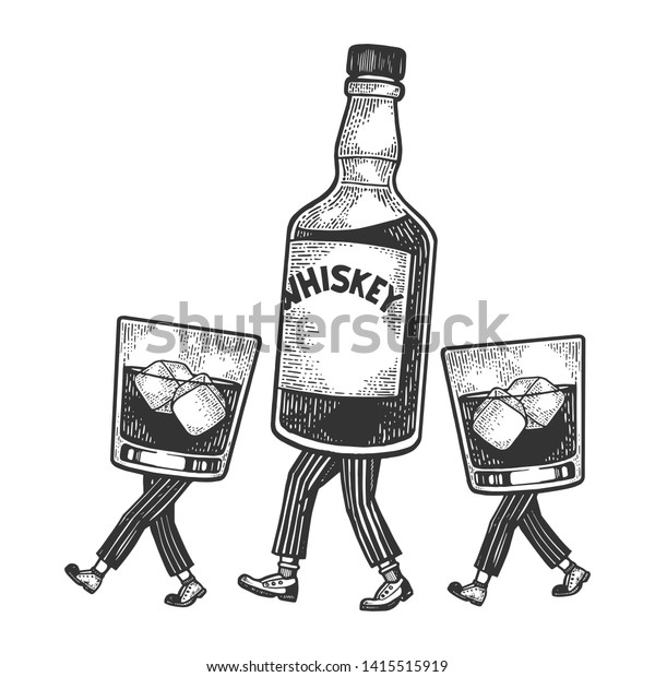 氷と眼鏡をかけたウイスキーアルコールのボトルが足を歩き スケッチ彫刻ラスターイラスト を描きます スクラッチボードのスタイルの模倣 白黒の手描きの画像 のイラスト素材