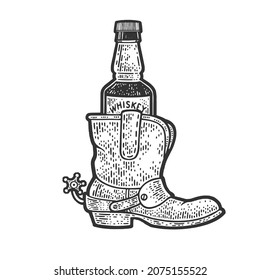 Whiskey In Cowboy Boot Sketch Engraving Raster Illustration. T-shirt Apparel Print Design. Scratch Board Imitation. Black And White Hand Drawn Image.