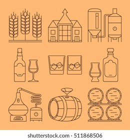 Whisky line icons set. Whisky process and industry outline symbols. illustration