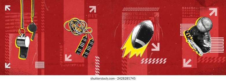 Whistle, jumping rope, baseball ball and glove against red background with abstract elements. Modern design. Concept of sport, attributes, championship. Poster for sport events, schools. - Powered by Shutterstock