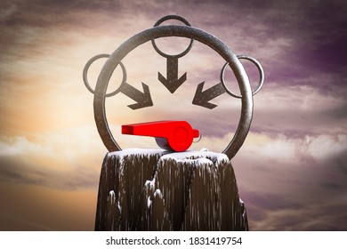 Whistle At The Top Of The Mountain With A Male Symbol Around It Demonstrating Reporting Sexual Assault And Workplace Harassment Concept. 3D Illustration