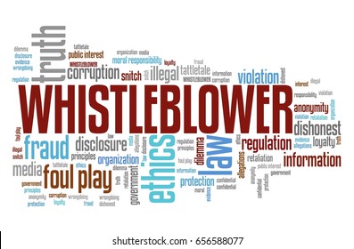 Whistleblower - company law violation. Moral responsibility concept word cloud.