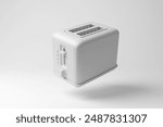 White 2 slice toaster floating in mid air on white background in monochrome and minimalism. 3D illustration of the concept of home appliance, breakfast preparation and dishes of toasts