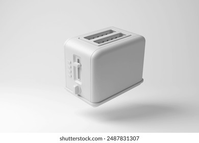 White 2 slice toaster floating in mid air on white background in monochrome and minimalism. 3D illustration of the concept of home appliance, breakfast preparation and dishes of toasts