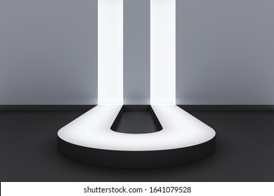 White 3d Bright Light Shadow Catwalk Display Model Walk Path Pathway Elevated Show Showtime Fashion Extrude Floor Limelight Spotlight Public Eye Photo Photographic Stage U Turn Back. 3D Illustration.