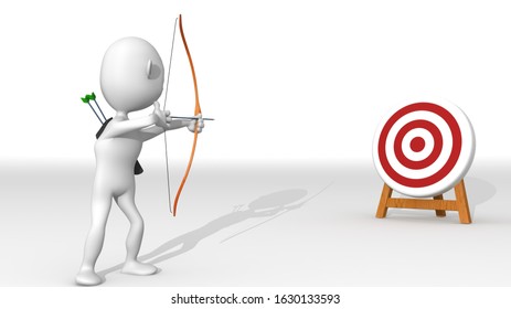 A white 3d character with bow and arrow points at the center of a target