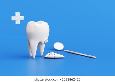 White 3D cracked tooth or teeth with dental mirror and plus symbol on blue background. Dentistry, dental care, toothache, tooth decay and tooth extraction. clipping path. Copy space. 3D Illustration. - Powered by Shutterstock