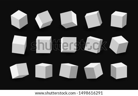 White 3D cubes pack isolated on black background. Multiple cubes. Different light, perspective and angle