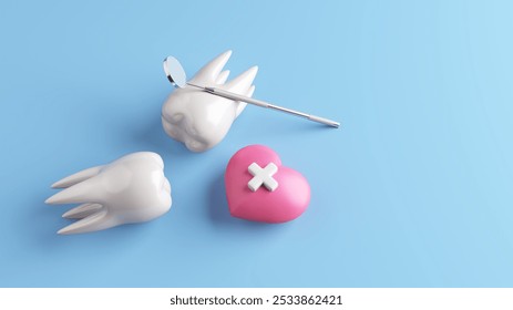 White 3D tooth or teeth with dental mirror and heart symbol on blue background. Dentistry, dental care, toothache, tooth decay and tooth extraction. clipping path. Copy space. 3D Illustration. - Powered by Shutterstock