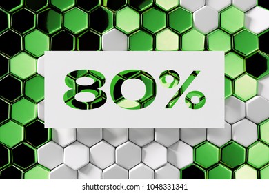 White 80% Symbol On The Green Honeycomb Grid Background. 3D Illustration Of 80% Symbol Sale, Eighty Percent Off Symbol On Hexagon Grid Layout.