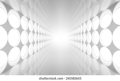 White abstract 3d interior with round decoration lights pattern on the wall