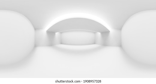 White Abstract Empty Room With White Walls, Floor And Ceiling And With Lights In Ceiling HDRI Environment Map, White Colorless 360 Degrees Spherical Panorama Background, 3d Illustration