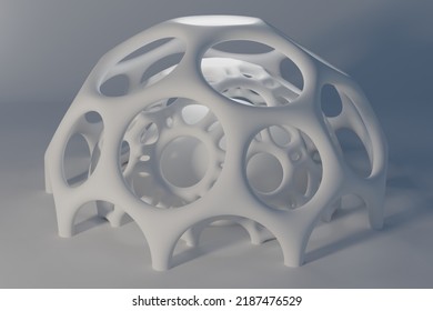 White Abstract Futuristic Building Concept. Spherical Wireframe Shapes Modern Ecological Background. 3d Rendering.