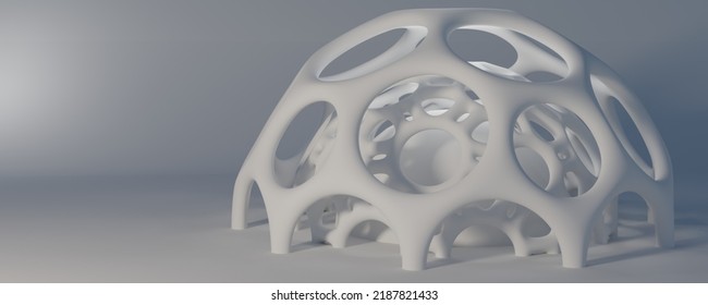 White Abstract Futuristic Building Concept. Spherical Wireframe Shapes Modern Ecological Architectural Background. 3d Rendering.