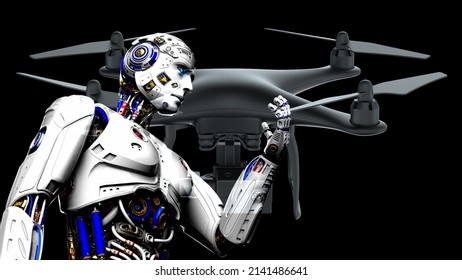 White AI Robot And Black Drone Loaded With Some Of Most Advanced Imaging And Flight Technologies Under Black Back. Concept Image Of Video Production, Agriculture Solution And Public Safety. 3D CG.