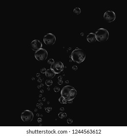 White air bubbles isolated on black background. Underwater oxygen. Soap closeup.