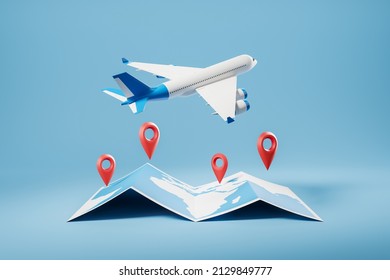 White Airplane Flying Worldwide, Paper Map With Location Pins On Blue Background. Concept Of Travel And Tourism. 3D Rendering