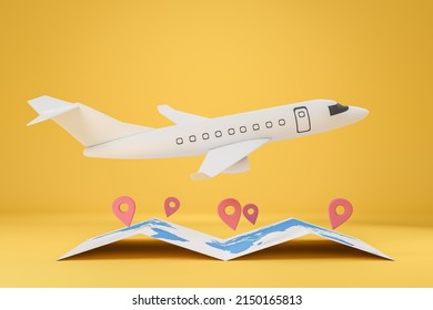 White Airplane Flying Worldwide, Paper Map With Location Pins On Yellow Background. Concept Of Travel And Tourism. 3D Rendering